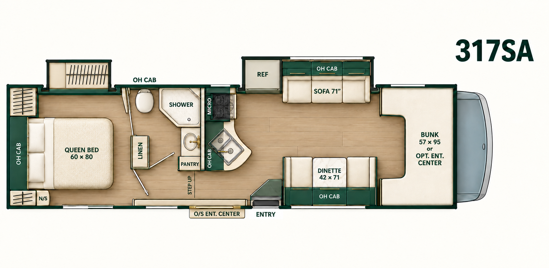 317SA floor plan with two slideouts extended: rear queen bedroom and wardrobe slide, central bathroom and kitchen, refrigerator and sofa slide, booth dinette, and front cab-over bunk.